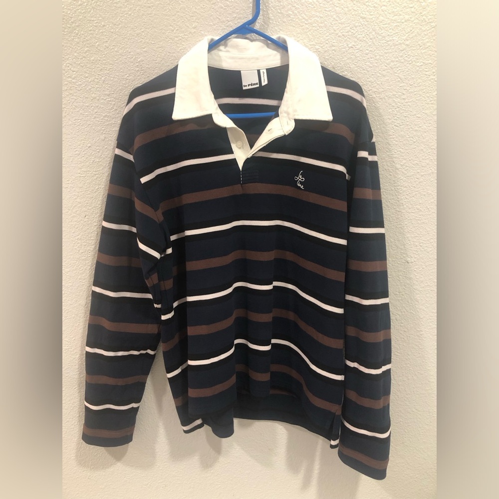 Striped Long-Sleeve Rugby Shirt with White Collar